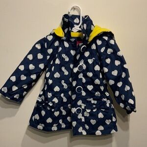 Baby girl Navy Heart Patterned RainCoat with Yellow Fleece Lining. Size 18m.